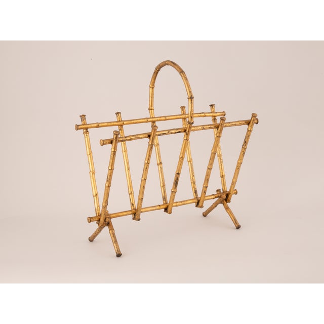 Mid-Century Modern Mid 20th Century Faux Bamboo Gold Iron Magazine Rack For Sale - Image 3 of 7