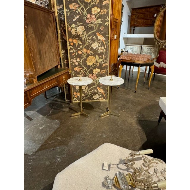Modern Pair of Italian Designer Brass and Carrara Marble Drink Tables For Sale - Image 3 of 8