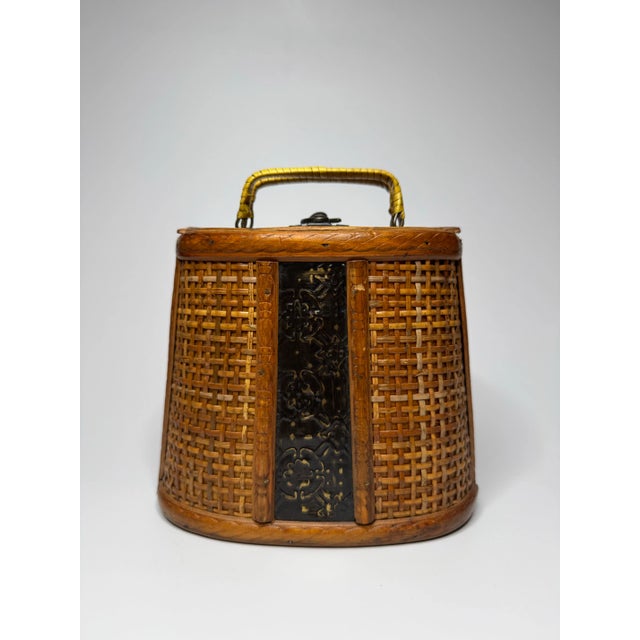 Coastal Rattan Embossed Black Metal and Wood Basket For Sale - Image 12 of 12