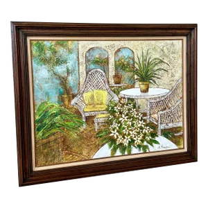 Vintage Coastal Boho Veranda Still Life Wood Framed Oil Painting on Canvas Signed