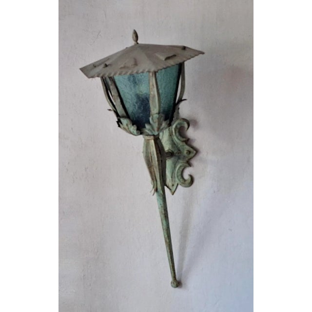 Green Mid-Century French Iron Outdoor Lantern with Acanthus Leaves For Sale - Image 8 of 10