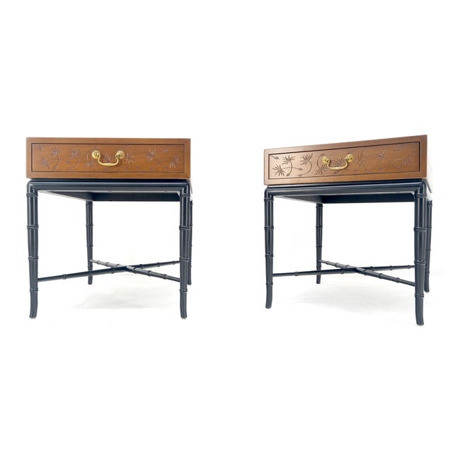Pair of Kittinger Faux Bamboo Tapered Horn Shape Legs One Drawer End Tables MINT For Sale - Image 15 of 18