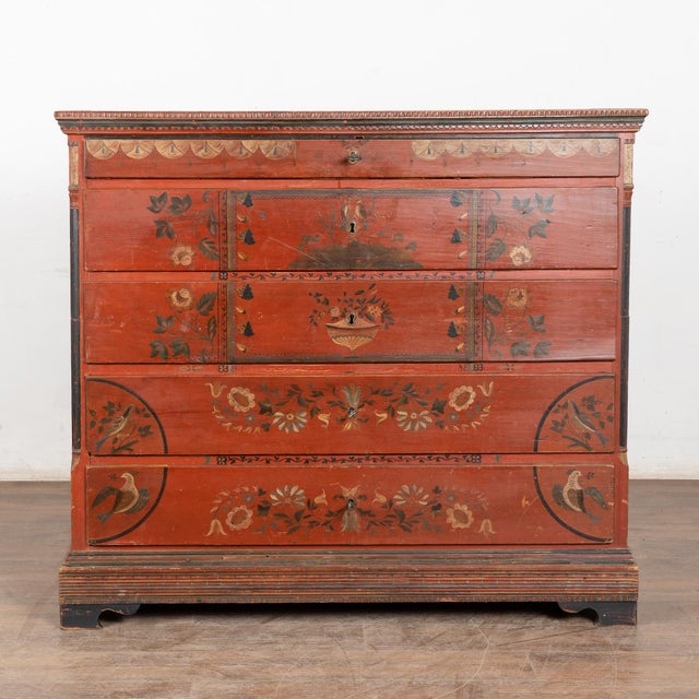 Folk Art 19th Century Original Red-Painted Danish Pine Chest of Five Drawers For Sale - Image 3 of 17