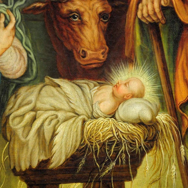 Mary and Joseph in the Barn of Bethlehem, Oil on Canvas, Framed For Sale - Image 4 of 6