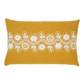 Schumacher Theodora Embroidery 24" Lumbar Pillow in Safron For Sale