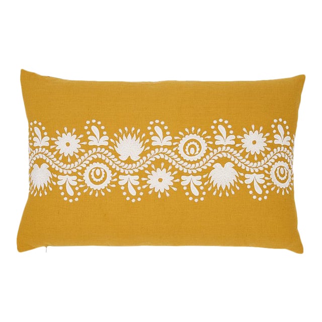 Schumacher Theodora Embroidery 24" Lumbar Pillow in Safron For Sale