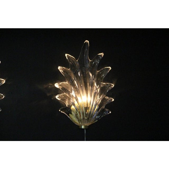 Clear Murano Glass Leaf and Brass Sconces by Barovier, 1980s, Set of 2 For Sale - Image 11 of 16