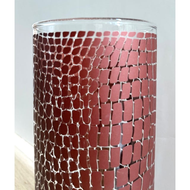 Circa 1995 Egizia Italy Contemporary Abstract Dark Red Screen-Printed Pattern on Colorless Cylindrical Glass Vase For Sale In New York - Image 6 of 14