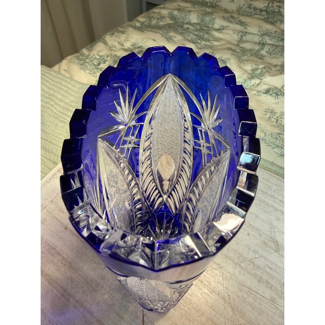 1960s German Cut to Clear Cobalt Oval Starburst Vase For Sale - Image 9 of 12