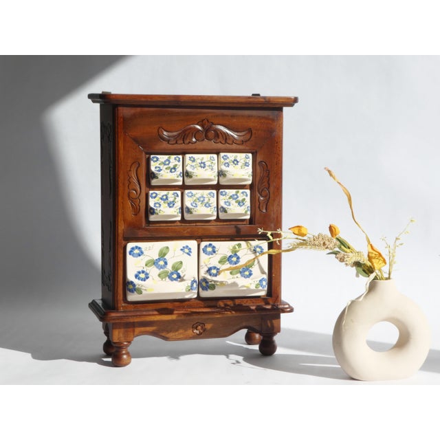Antique Dutch Farmhouse Wooden Ceramic Floral Spice Cabinet, 1950s For Sale - Image 14 of 14