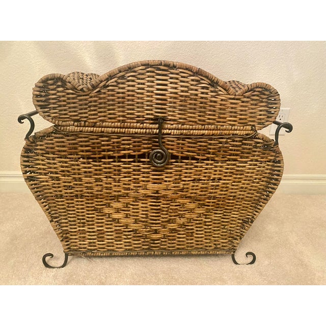 Vintage Woven Rattan Bombay Storage Chest With Lid Wrought Iron Scroll Feet, Handles, and Latch. For Sale - Image 17 of 17