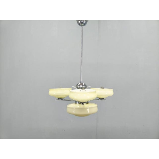 Bauhaus Chandelier Czechoslovakia 1930s Milk Glass Chrome Pendant (high-performance): Authentic Bauhaus chandelier from...