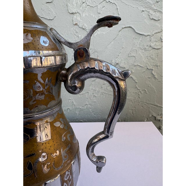 Brass Vintage Middle Eastern Brass & Silver Overlay Dallah Coffee Pot With Engraved Arabic Script – 10.5” For Sale - Image 8 of 12