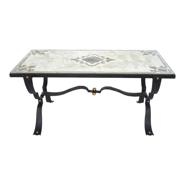 Jean-Charles Moreux Style Brass & Forged Coffee Table Etched Mirrored Glass Top For Sale