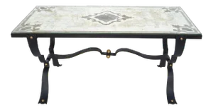 Jean-Charles Moreux Style Brass & Forged Coffee Table Etched Mirrored Glass Top