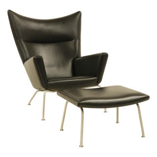 Set of Wing Chair with Ottoman by Hans Wegner for Carl Hansen & Søn, 1990s, Set of 2 For Sale