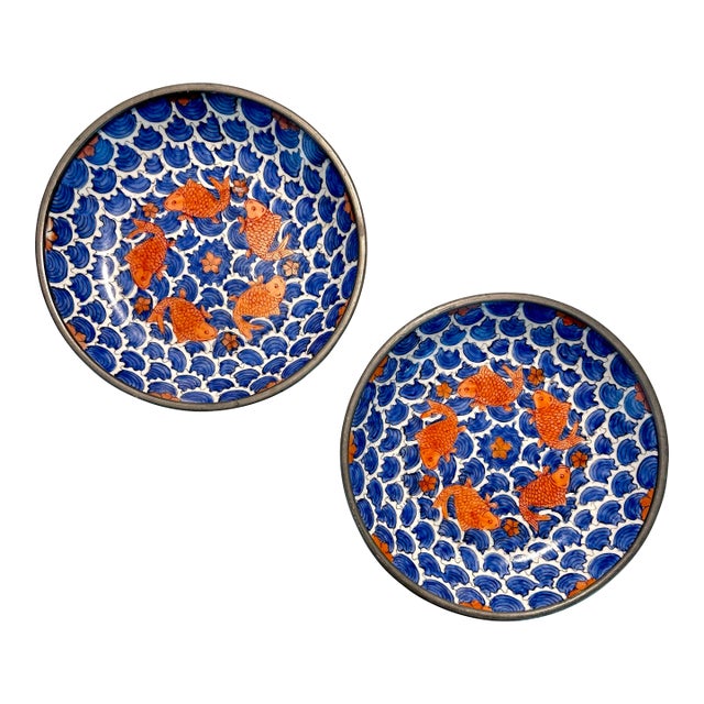 MCM Neiman Marcus Pewter and Porcelain Koi Fish Plates Bowls For Sale