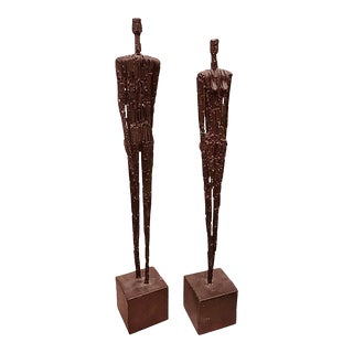 Sale 1970s Set of 2 Brutalist Metal Nail Man and Woman Figurative Sculptures For Sale
