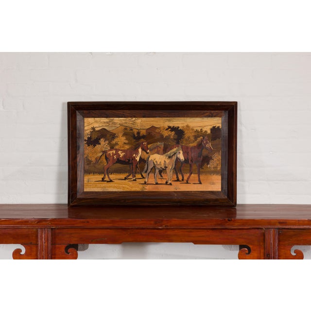Mid 20th Century Vintage Inlaid Wood Framed Painting Depicting Four Horses in a Landscape For Sale - Image 5 of 12