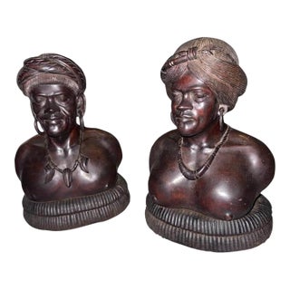 Mid-Century East African Hand-Carved Wooden Busts Pair For Sale