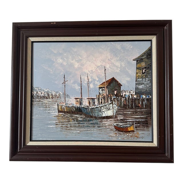Vintage Midcentury Oil Painting of Boats in a Harbor, Framed and Signed W. Jones For Sale