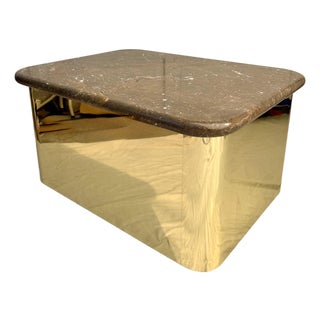 Vintage Brass Clad Marble Top Coffee Table in the Style of Milo Baughman For Sale