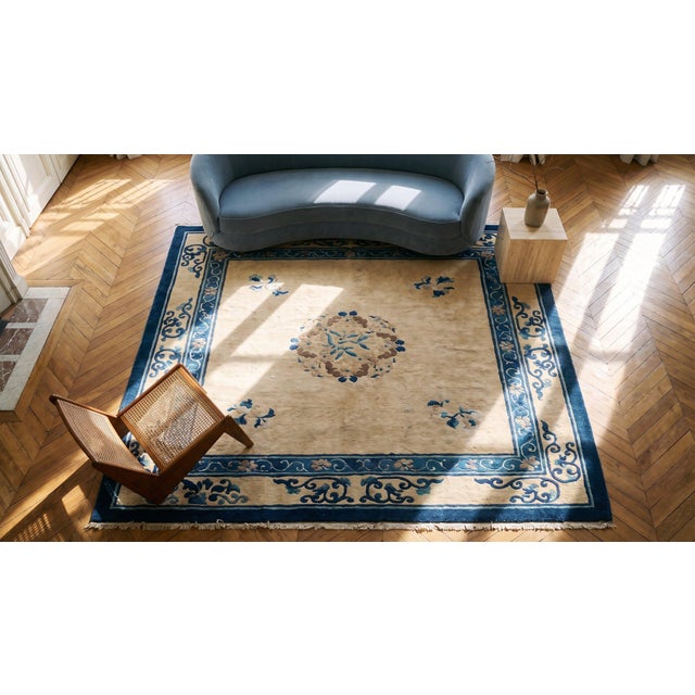 Textile 1900s White Cream Medallion Antique Chinese Peking Rug 4'3" X 6'6" Handknotted Wool Carpet For Sale - Image 7 of 9