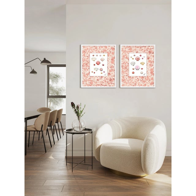 Contemporary Marbled Shells in Pink, Diptych by Lia Burke Libaire in White Frame, Small Art Prints, Set of 2 For Sale - Image 3 of 3