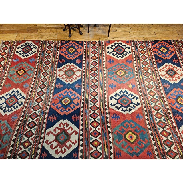 19th Century Caucasian Kazak Kilim, Geometric Pattern, Wool Flatweave, Blue & Green, 7' X 12' For Sale - Image 9 of 18