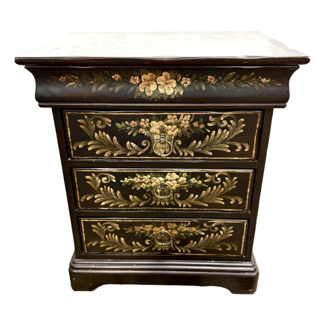 Chinoiserie Hand Painted Black Lacquered Small Chest For Sale