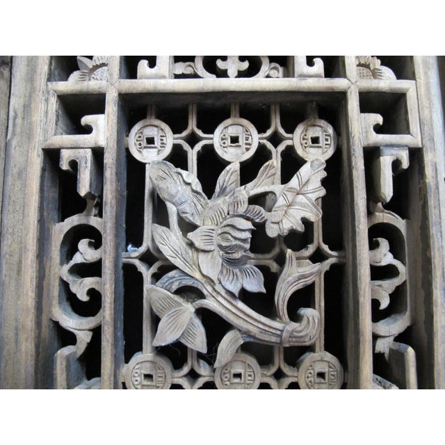 Chinese Chinese Carved Lattice Bird Pagoda Foo Dog Wood Window Shutter Screen Art Panel For Sale - Image 3 of 15