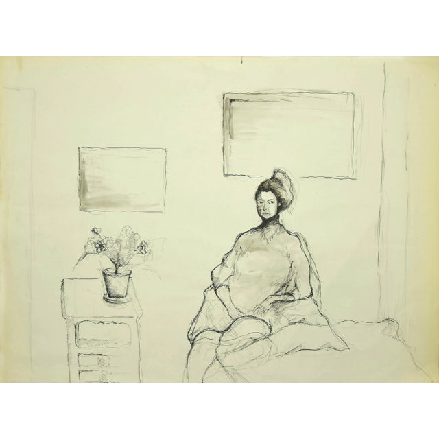 Girl in a Room'' is an original black China ink drawing on paper glued on ivory-colored cardboard, signed and dated by...