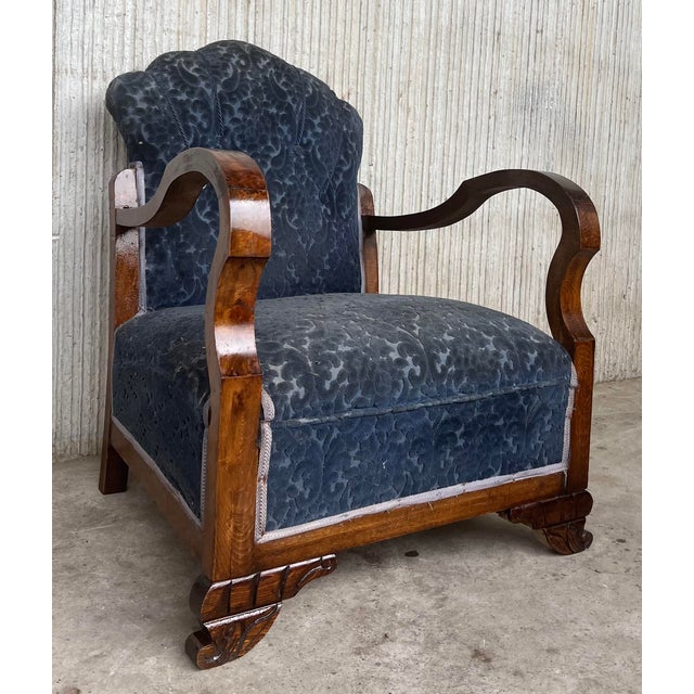 Art Deco Pair of Art Deco Club Armchairs With Blue Ink Damask Velvet For Sale - Image 3 of 12