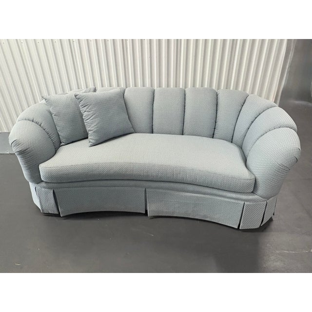Harden furniture custom made sofa. Blue basket weave with subtle brown fabric. Custom pleated skirt. The fabric is smooth...