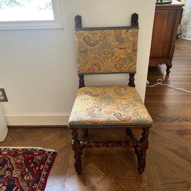 Late 19th Century Pair (2) Carved Oak Lion Heads Twisted Legs Modern Upholstery English Jacobean Revival Side Chairs For Sale - Image 9 of 12