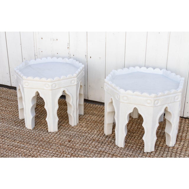 Indian Pair of Carved White Marble End Tables For Sale - Image 3 of 11