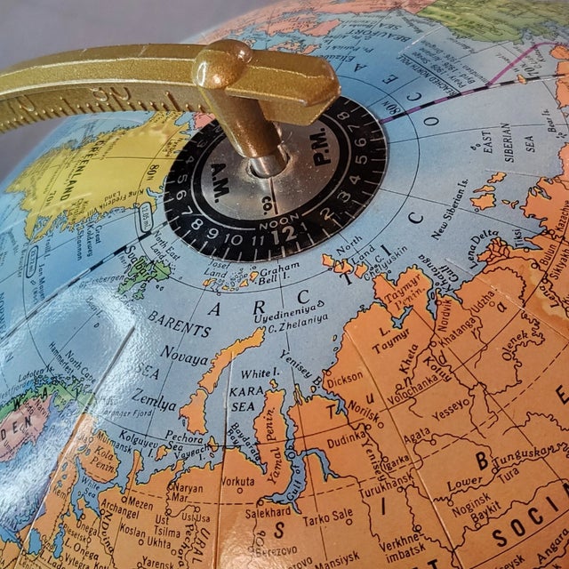American George F. Cram Company 12 World Globe Blue Ocean 12" Tabletop Globe, Champagne Base For Sale - Image 3 of 9