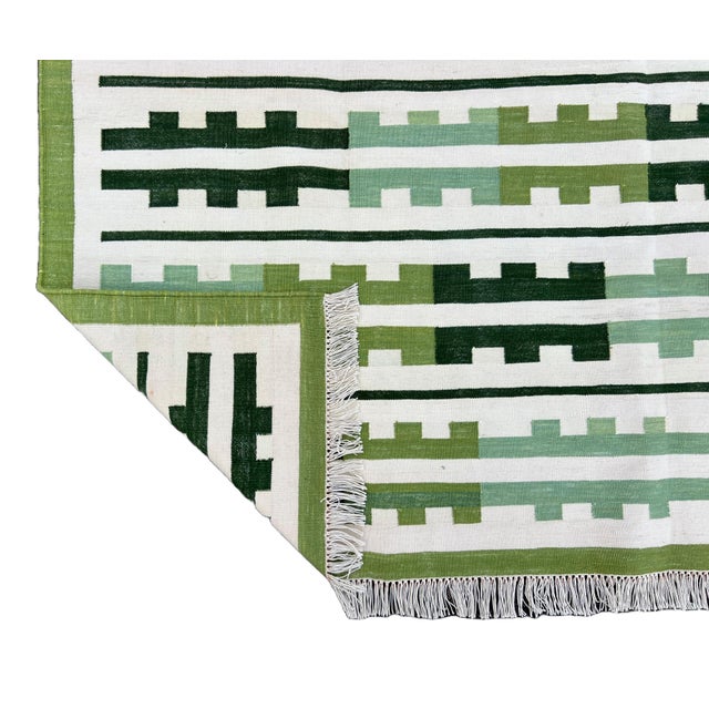 Handmade Cotton Rug, Natural Vegetable Dyed, Green and White Marianne Rug - 6'x9' For Sale - Image 13 of 13