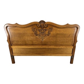 Vintage French Louis XVI Carved Oak Double Bed Headboard For Sale