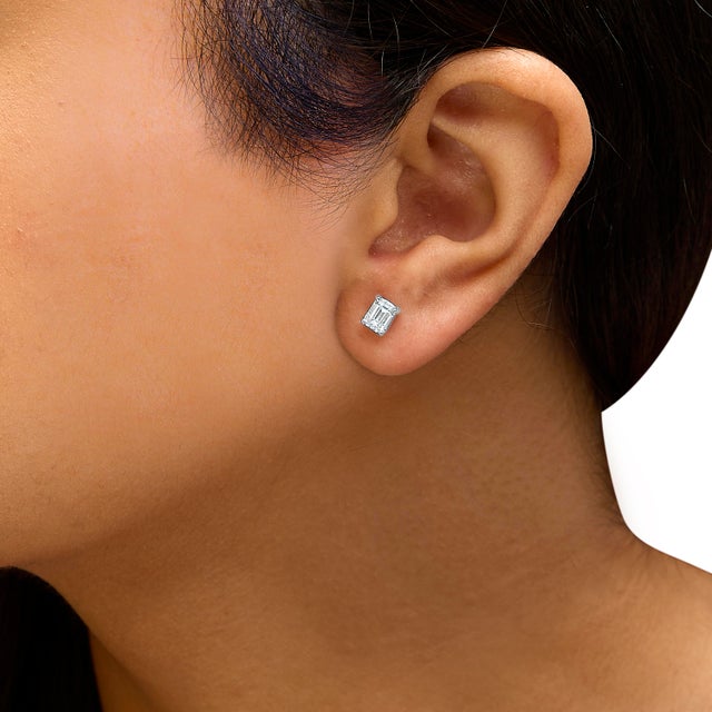 14K White Gold 1.0 Cttw Emerald Cut Lab-Grown Diamond Solitaire Stud Earrings (F-G Color, VS1-VS2 Clarity) For Sale - Image 4 of 5