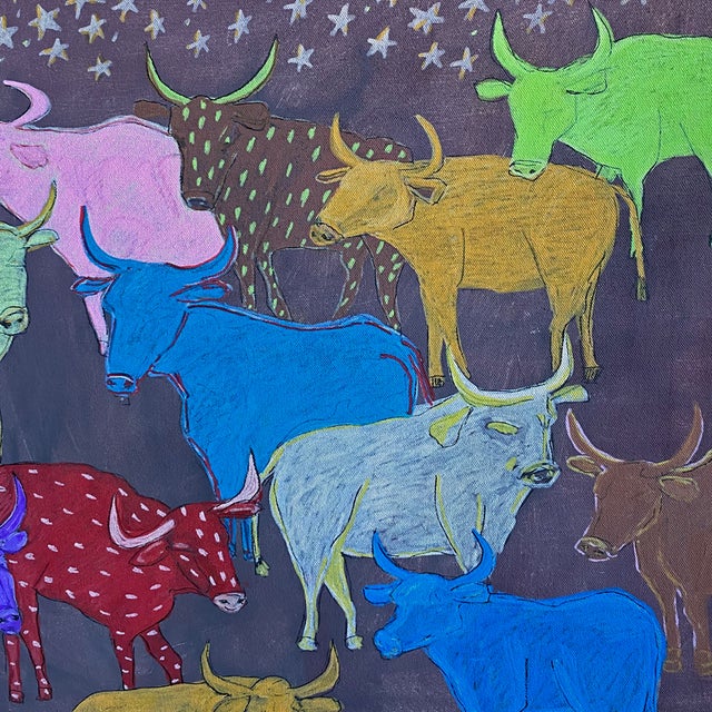 Folk Art Midnight Herd – Original Colorful Cow Acrylic Painting on Raw Canvas, 24x24 Folk Art by Tatiana Duperault For Sale - Image 3 of 5