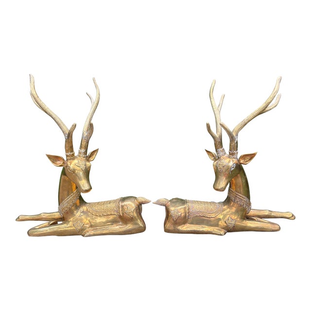1960s Pair of Hollywood Regency Brass Stags For Sale
