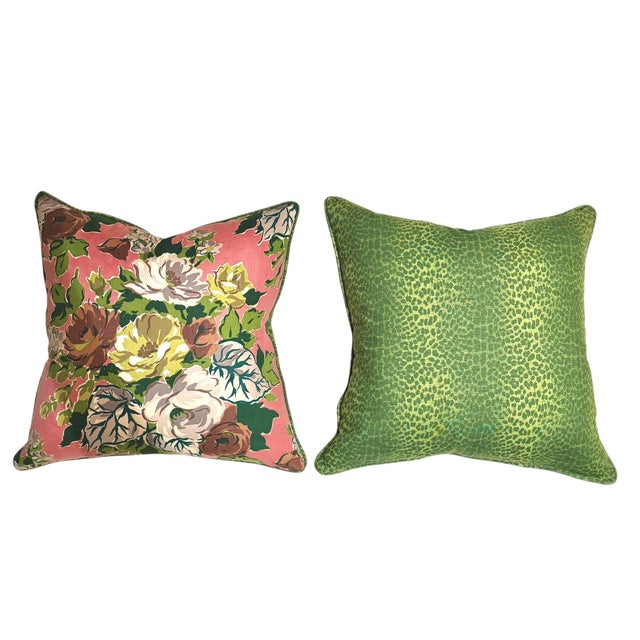 A charming pair of vintage decorative pillows combining mid century floral textile with later Scalamandré fabric on the...