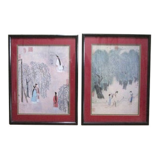 Mid 20th Century Chinese Figurative Garden Scene Watercolor Paintings, Framed - a Pair For Sale
