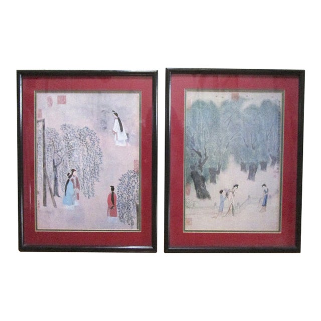 Mid 20th Century Chinese Figurative Garden Scene Watercolor Paintings, Framed - a Pair For Sale