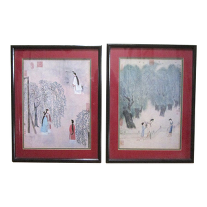 Mid 20th Century Chinese Figurative Garden Scene Watercolor Paintings, Framed - a Pair