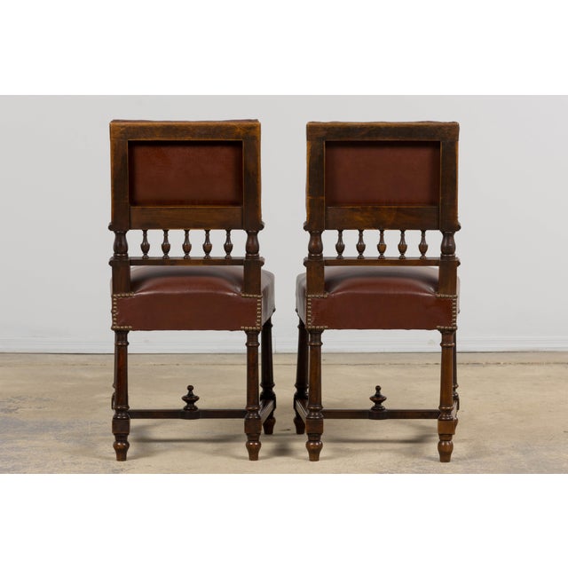 Antique French Louis XIII Style Walnut Dining Chairs W/ Brown Faux Leather - Set of 8 For Sale - Image 17 of 18