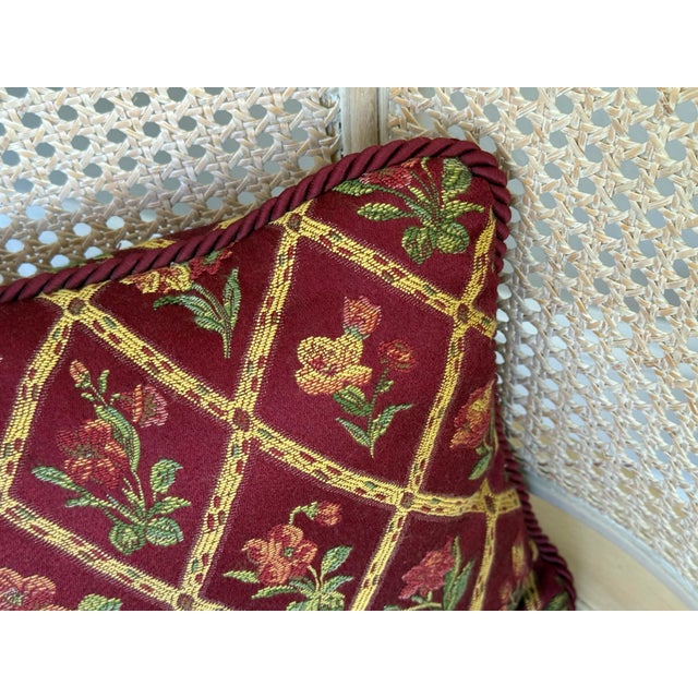 Late 20th Century Burgundy Floral Trellis Tapestry Lumbar Pillow With Rope Trim For Sale - Image 6 of 7
