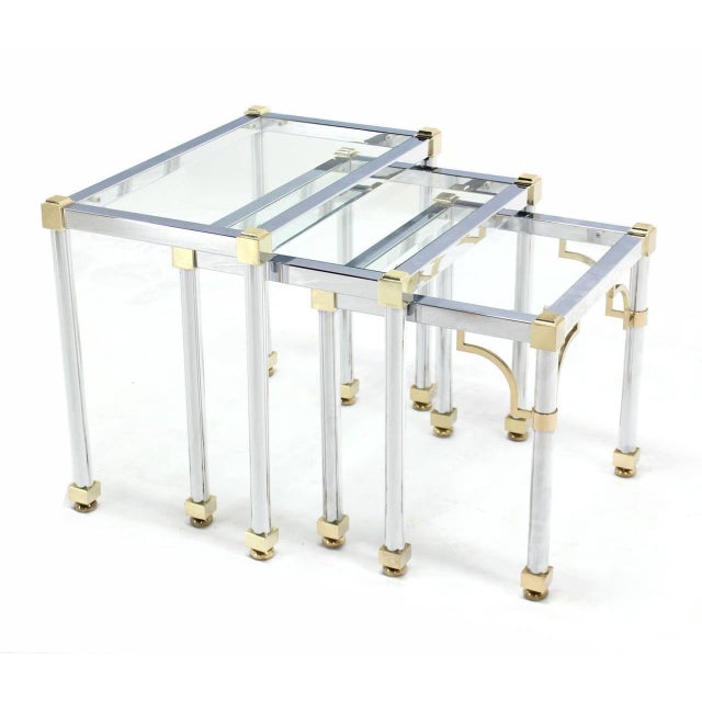 Transparent Set of 3 Chrome and Brass Metal Glass Top Nesting Side End Occasional Tables For Sale - Image 8 of 9