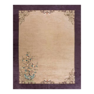 1920s Tan Sand Chinoiserie Antique Chinese Art Deco Carpet 9'3'' X 11'8' Wool Knotted Rug For Sale